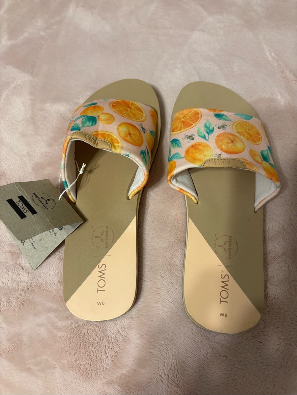 TOMS Earthwise Citrus Print Slide Sandals Orange Fruit Women’s Size 8 NWT